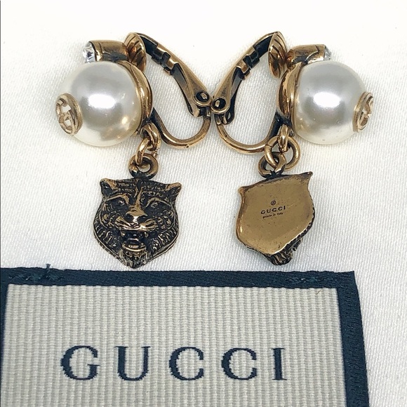 Gucci Gold Metal Crystal Pearl Clip On Earrings